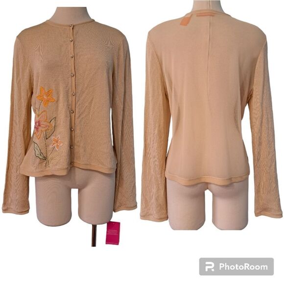 Vintage Intuitions Y2K Button Down Floral Stitch Lawn Party Cardigan XL Tan NWT - Picture 3 of 13